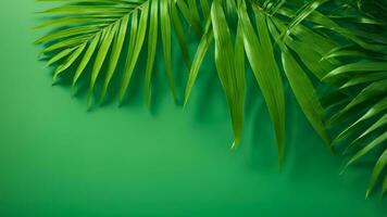 AI generated Tropical palm leaves on green background with copy space photo