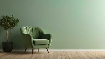 ai generado acogedor verde Sillón en vacío suave verde pared antecedentes en minimalista el vivo habitación. 3d hacer ilustración con Copiar espacio foto