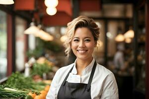 AI generated Portrait of a smiling female chef standing in her restaurant photo