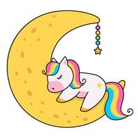 Cute magical character of unicorn sleeping on the moon. Cartoon vector illustration.