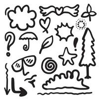 hand drawn set elements, black on white background. flower, leaves, face, heart, light, star, tree, swirl, for concept design. vector