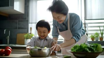 AI generated Caucasian kid with smile dressed as a chef in the kitchen. photo