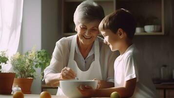 AI generated Caucasian kid with smile dressed as a chef in the kitchen. photo