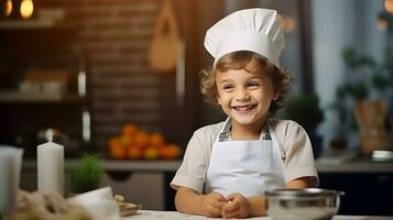 ai generado caucásico niño con sonrisa vestido como un cocinero en el cocina. foto