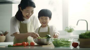 AI generated Caucasian kid with smile dressed as a chef in the kitchen. photo