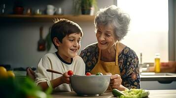 AI generated Caucasian kid with smile dressed as a chef in the kitchen. photo
