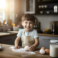 AI generated Caucasian kid with smile dressed as a chef in the kitchen. photo