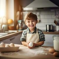 AI generated Caucasian kid with smile dressed as a chef in the kitchen. photo