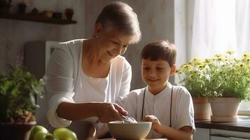 AI generated Caucasian kid with smile dressed as a chef in the kitchen. photo