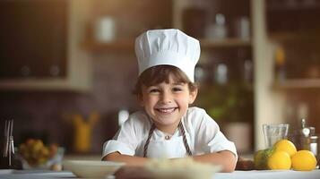 ai generado caucásico niño con sonrisa vestido como un cocinero en el cocina. foto