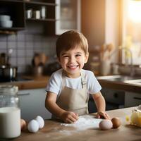 AI generated Caucasian kid with smile dressed as a chef in the kitchen. photo