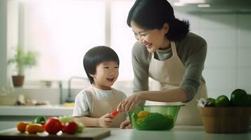 AI generated Caucasian kid with smile dressed as a chef in the kitchen. photo