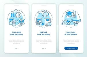 2D icons representing athletic scholarship mobile app screen set. Walkthrough 3 steps blue graphic instructions with thin linear icons concept, UI, UX, GUI template. vector