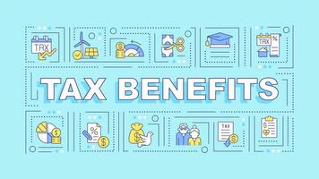 Tax benefits light blue word concept. Criteria for taxpayers. Typography banner. Flat design. Vector illustration with title text, editable line icons. Ready to use