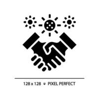 2D pixel perfect glyph style handshake with virus icon, isolated vector, simple silhouette illustration representing bacteria. vector