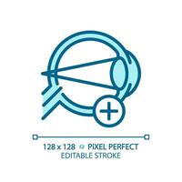 2D pixel perfect editable blue hyperopia icon, isolated monochromatic vector, thin line illustration representing eye care. vector