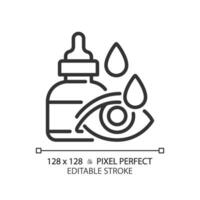 2d píxel Perfecto editable negro ojo soltar icono, aislado sencillo vector, Delgado línea ilustración representando ojo cuidado. vector