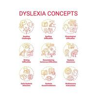 2D gradient red thin line icons set representing dyslexia, isolated vector, linear illustration. vector