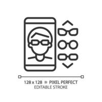 2D pixel perfect editable black eyeglasses app icon, isolated simple vector, thin line illustration representing eye care. vector