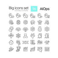 2D editable black big thin line icons set representing AI ops, isolated vector, linear illustration. vector