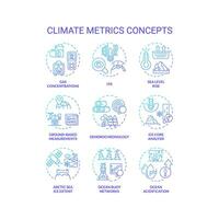 Collection of 2D gradient thin line icons representing climate metrics, isolated vector, linear illustration. vector