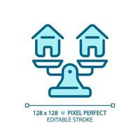 2D pixel perfect editable blue houses on weight scale icon, isolated vector, thin line illustration representing comparisons. vector