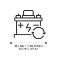 2D pixel perfect editable black car battery icon, isolated vector, thin line simple illustration representing car service and repair. vector