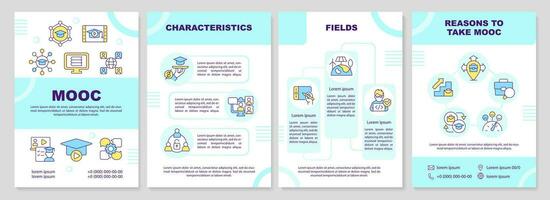 2D blue MOOC brochure template, leaflet design with multicolor thin linear icons, 4 vector layouts.