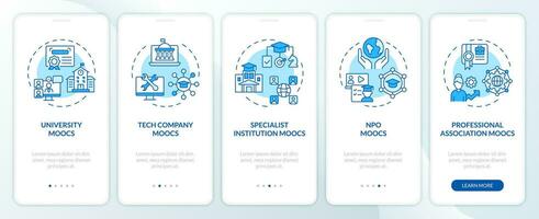 2D icons representing MOOC mobile app screen set. Walkthrough 5 steps blue graphic instructions with line icons concept, UI, UX, GUI template. vector