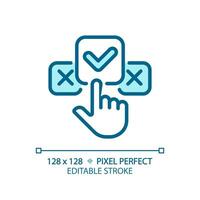 2D pixel perfect editable blue clicking on check mark icon, isolated vector, thin line illustration representing comparisons. vector