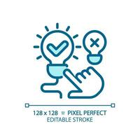 2D pixel perfect editable blue hand pointing at illuminated light bulb icon, isolated vector, thin line illustration representing comparisons. vector