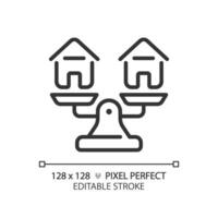 2D pixel perfect customizable black houses on weight scale icon, isolated vector, thin line illustration representing comparisons. vector