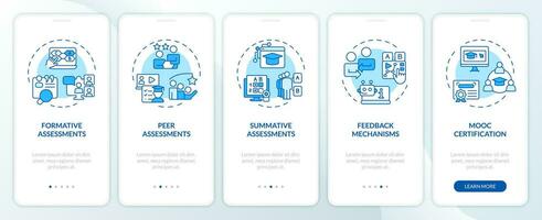 2D blue icons representing MOOC mobile app screen set. Walkthrough 3 steps monochromatic graphic instructions with line icons concept, UI, UX, GUI template. vector