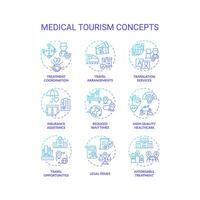 Set of 2D creative gradient thin line icons representing medical tourism, isolated vector, linear illustration. vector