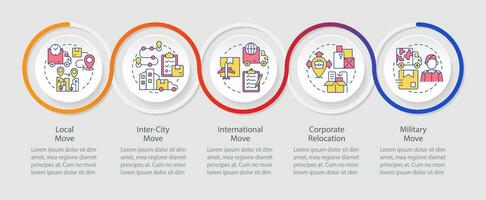 2D moving service vector infographics template with colorful icons, data visualization with 5 steps, process timeline chart.