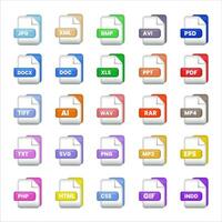 file format labels icon set vector illustration. Various file formats vector icon illustration colorful set