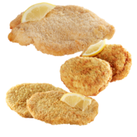 Crispy breaded and fried chicken meat cut out isolated transparent background png