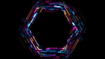 Abstract tech glowing neon hexagon motion background with glitch effect video