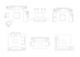 mueble icono interior plan vista, parte superior conjunto vector. arquitectura casa sofá línea, hogar, describir, departamento, recopilación, aislado, disposición, diseño, proyecto, Plano. vector