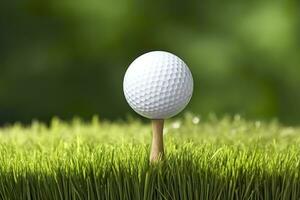 ai generado blanco golf pelota en de madera tee con césped. generativo ai foto