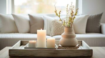 AI generated living room setting with a vase of fresh flowers and lit candles on a wooden tray, exuding a sense of peace and comfort. photo