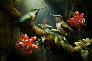 AI generated hummingbirds in the rainforest, realistic painting in vintage style photo
