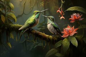 AI generated hummingbirds in the rainforest, realistic painting in vintage style photo