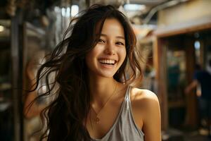 ai generado retrato de un hermosa joven asiático mujer sonriente y mirando a el cámara foto