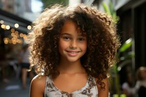 AI generated portrait of happy little girl with curly hair outdoors photo