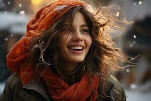 AI generated portrait of happy young girl in a winter clothes outdoors photo