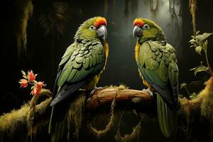 AI generated parrots in the rainforest, realistic painting in vintage style photo