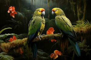 AI generated parrots in the rainforest, realistic painting in vintage style photo