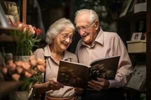 AI generated elderly couple looking at a photo album indoor