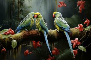 AI generated parrots in the rainforest, realistic painting in vintage style photo